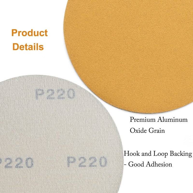 Aiyard 6-Inch No-Hole Hook and Loop Sanding Discs 220-Grit, Random Orbital Sandpaper for Automotive and Woodworking, 100-Pack - Image 5